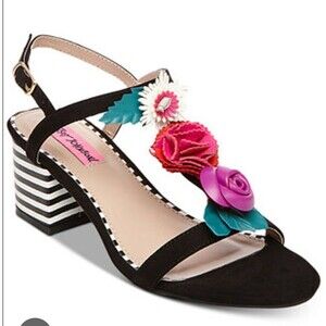 Betsey Johnson ADDE Floral Block Heel Sandals US 6 Black Multi Flowers